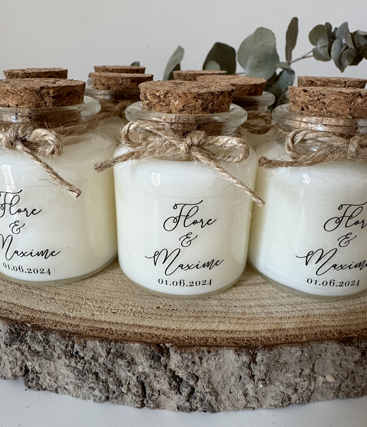 Bougies personnalisées mariage Flore et Maxime, cadeaux invités élégants