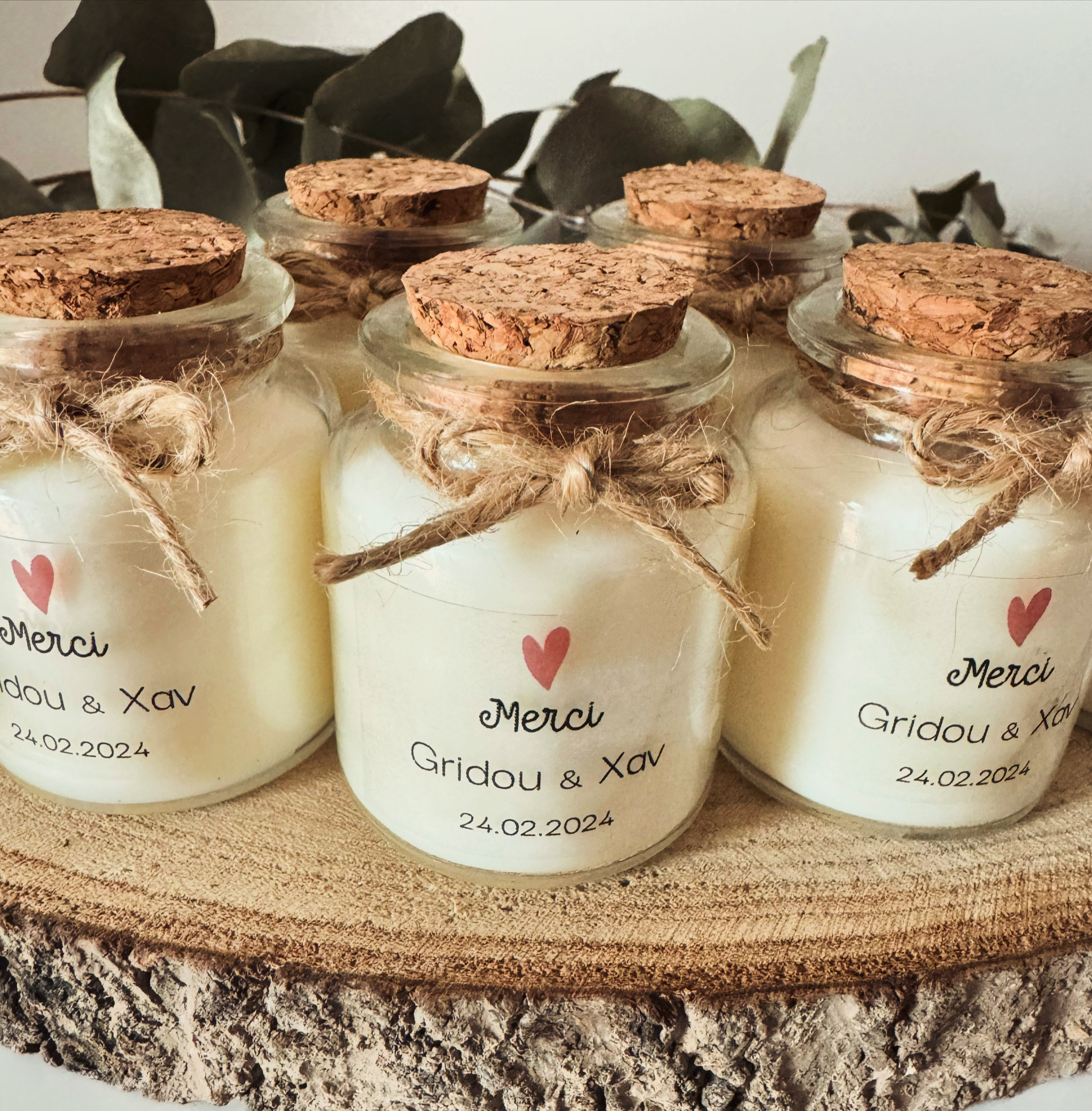 Bougies personnalisées mariage Gridou et Xav, cadeaux invités élégants